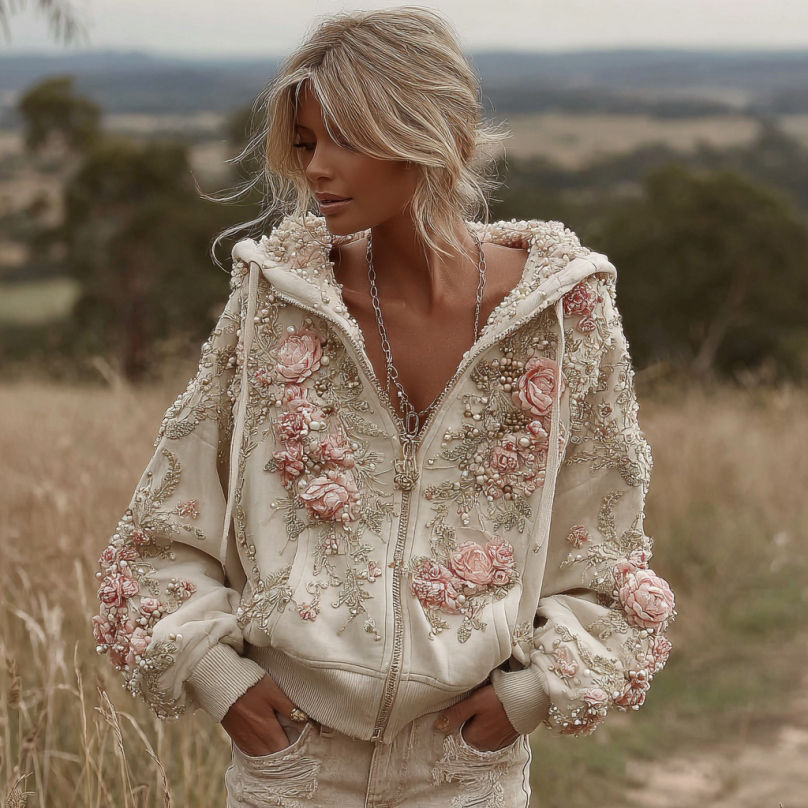 Women's Vintage Pink Floral Embroidery Art Casual Zip Pu Hoodie artswardrobe