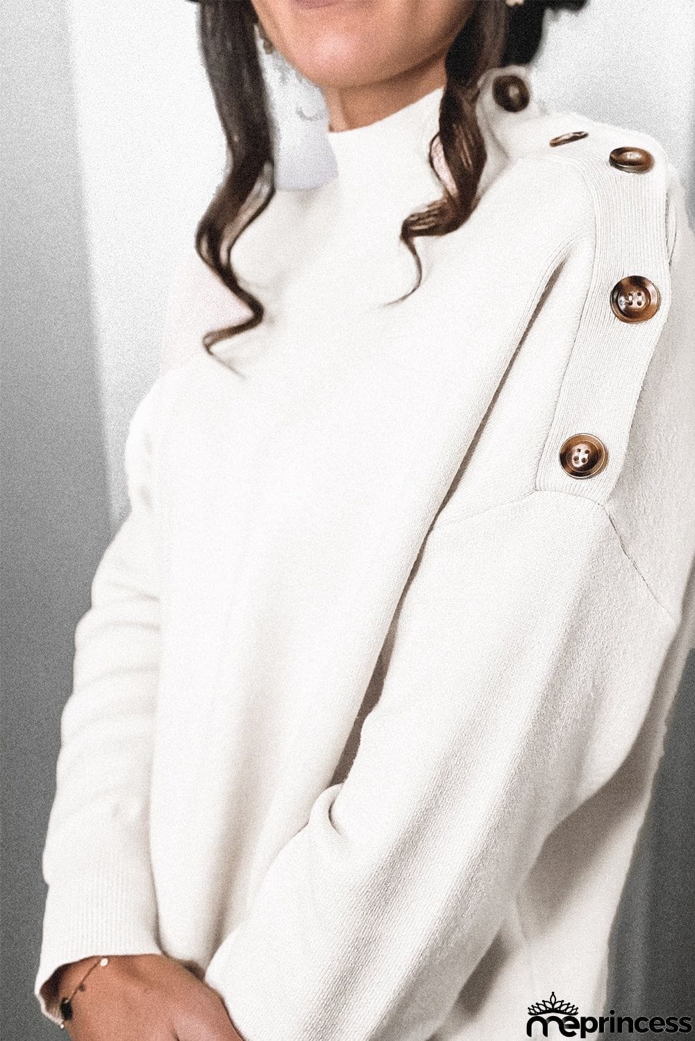 High Neck Button Shoulder Long Sleeve Sweater