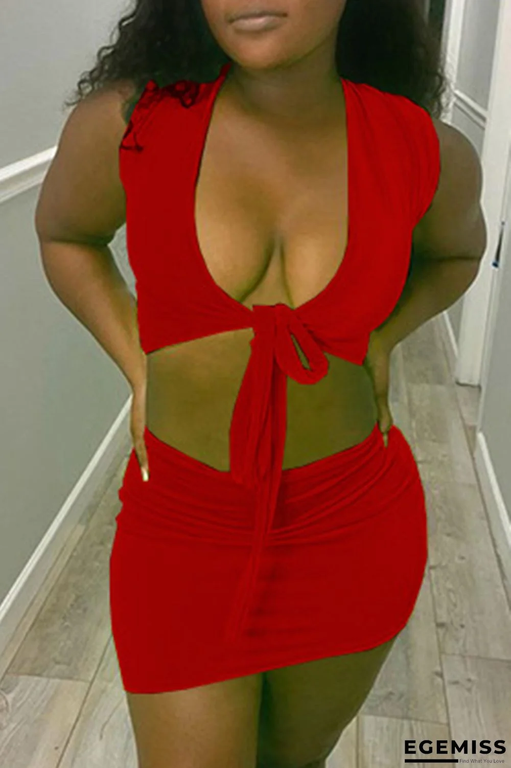 Red Fashion Sexy Solid Strap Design V Neck Short Sleeve Two Pieces | EGEMISS