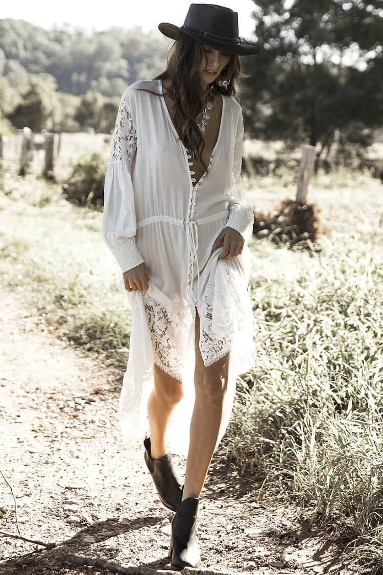 Lace Panel 3/4 Sleeve Button Down Maxi Cover Up-elleschic