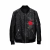 Mens Fashion Casual Short Wide-Waisted Spliced Embroidery Genuine Leather Jackets O-Neck Zippers Pockets Sheepskin Coat