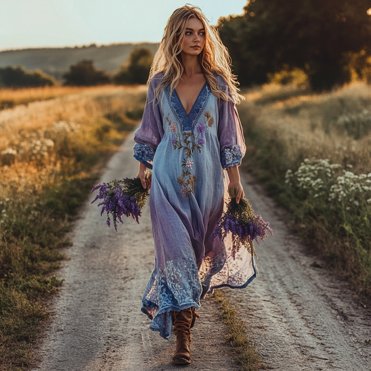 Spring Girl Green Pastoral Style Retro Floral Embroidery Pattern Art Linen V-neck Maxi Dress
