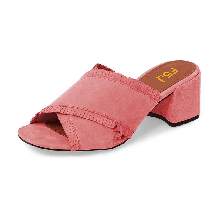 Women's Pink Vegan Suede Peep Toe Mule Fringe Chunky Heel Sandals |FSJ Shoes