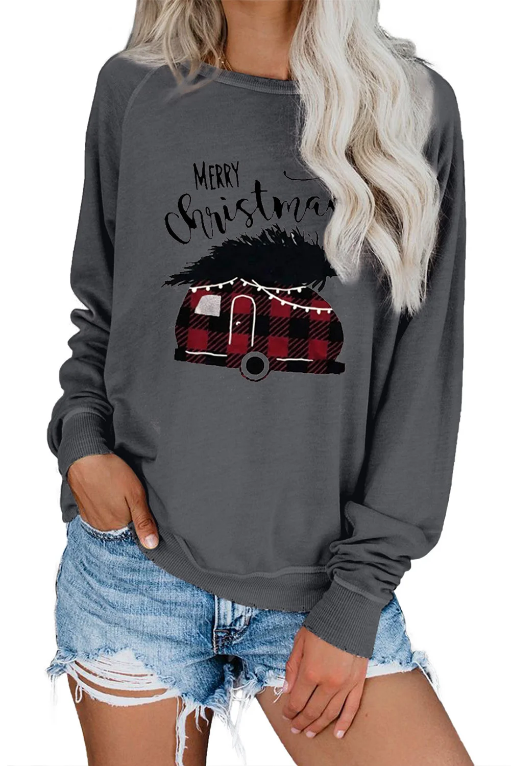 Gray Crew Neck Fashion Print Christmas Sweatshirt