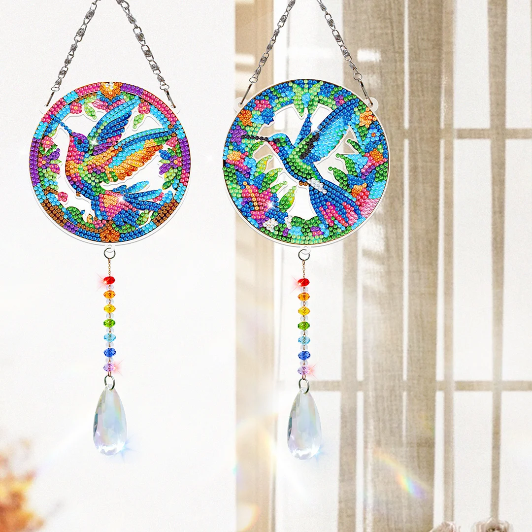 2Pcs Hummingbird DIY Acrylic Diamond Painting Art Wind Chimes with Crystal Pendant Diamond Art Hanging Pendant Double-Sided for Adults Beginners Gift Home Garden Decor
