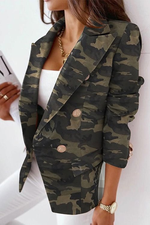 Lapel Long Sleeve Double Breasted Printed Blazer
