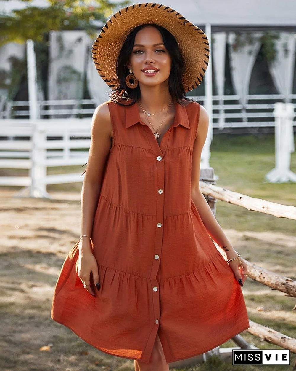 Spring Summer New Sleeveless Dress Shirt Collar Solid Skirt