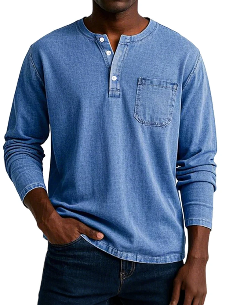 Men's Casual Retro Solid Color Comfortable Long Sleeve Henley Shirt