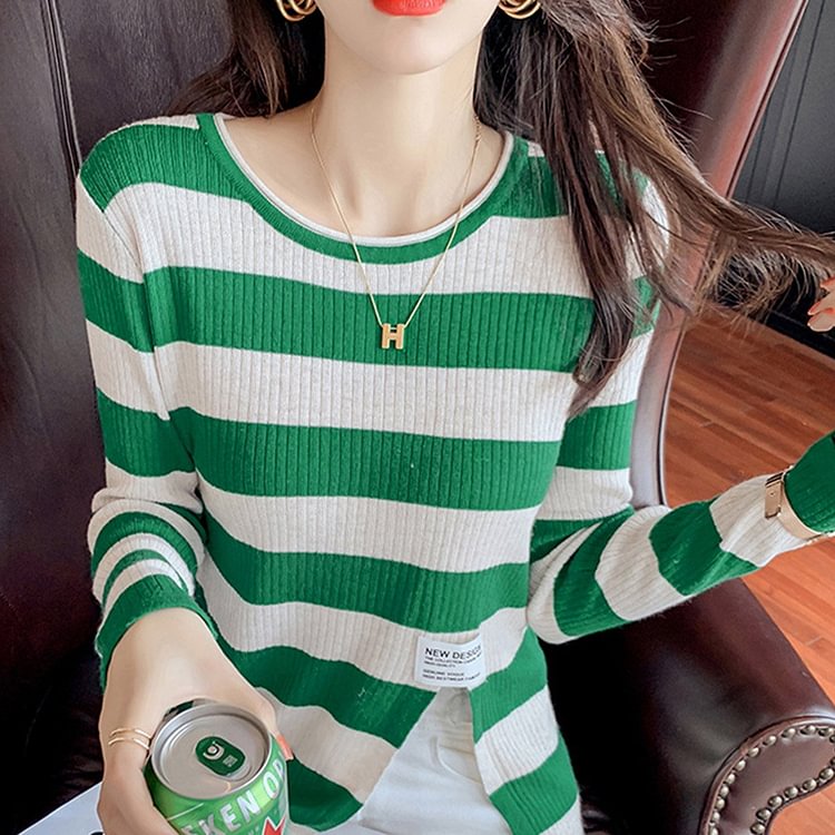 Cotton-Blend Knitted Long Sleeve Stripes Shirts & Tops