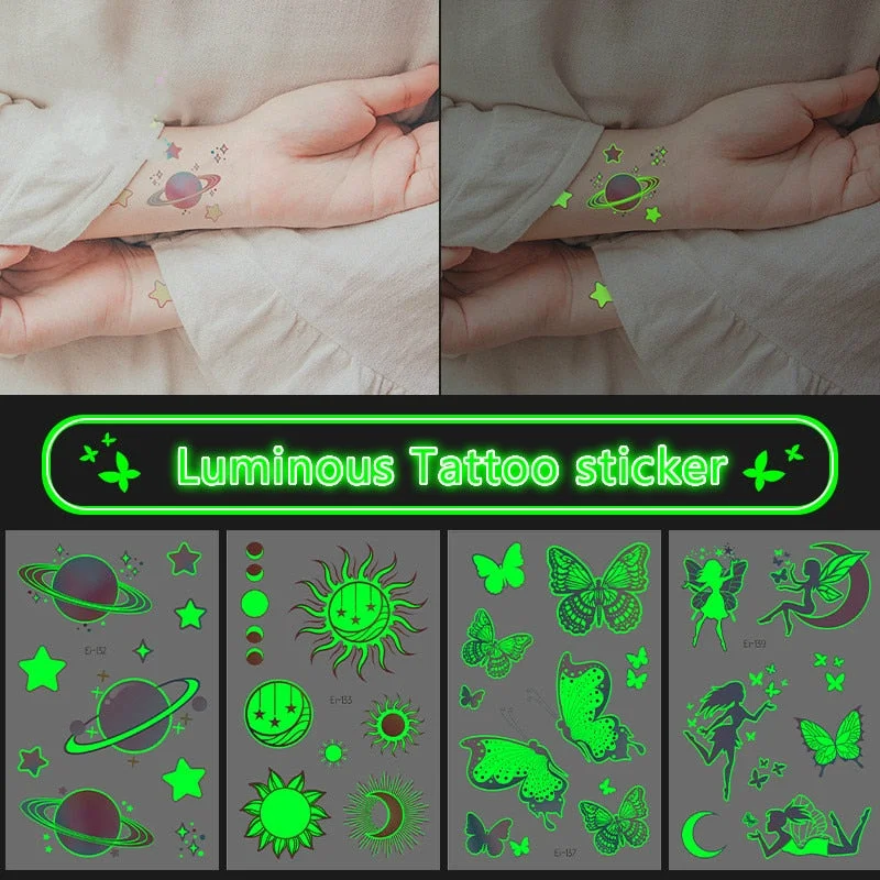 Night Luminous Tattoo Butterfly Starry Star Universe for Kids Fake Tattoo Glowing In Dark Waterproof Temporary Tattoo Stickers