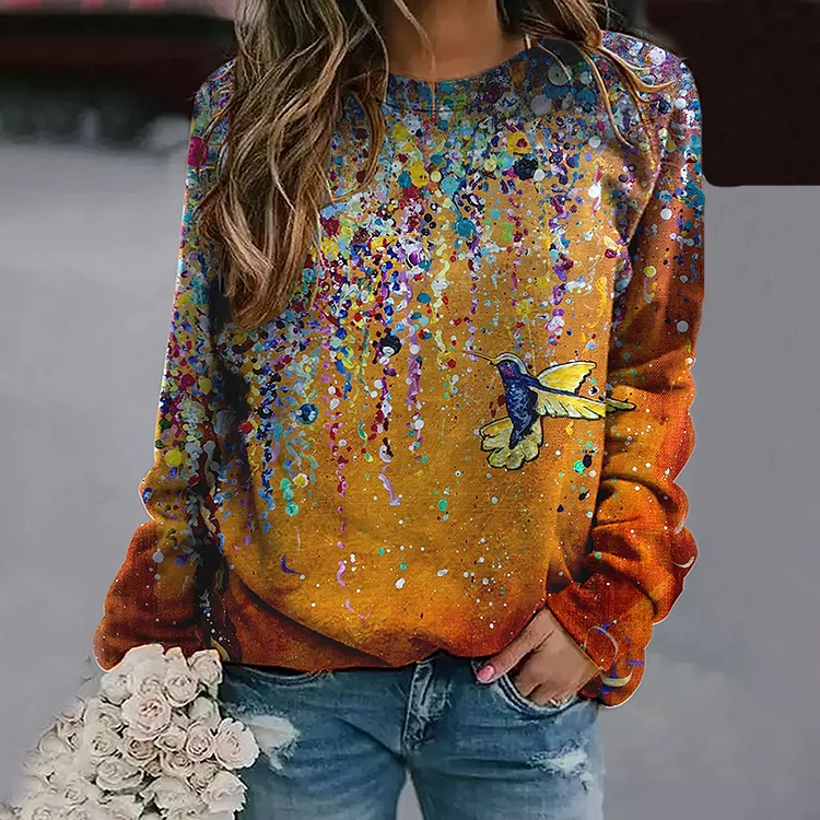 Wearshes Fashion Bird and Flower Watercolor Ink Printed Long Sleeve Sweatshirt