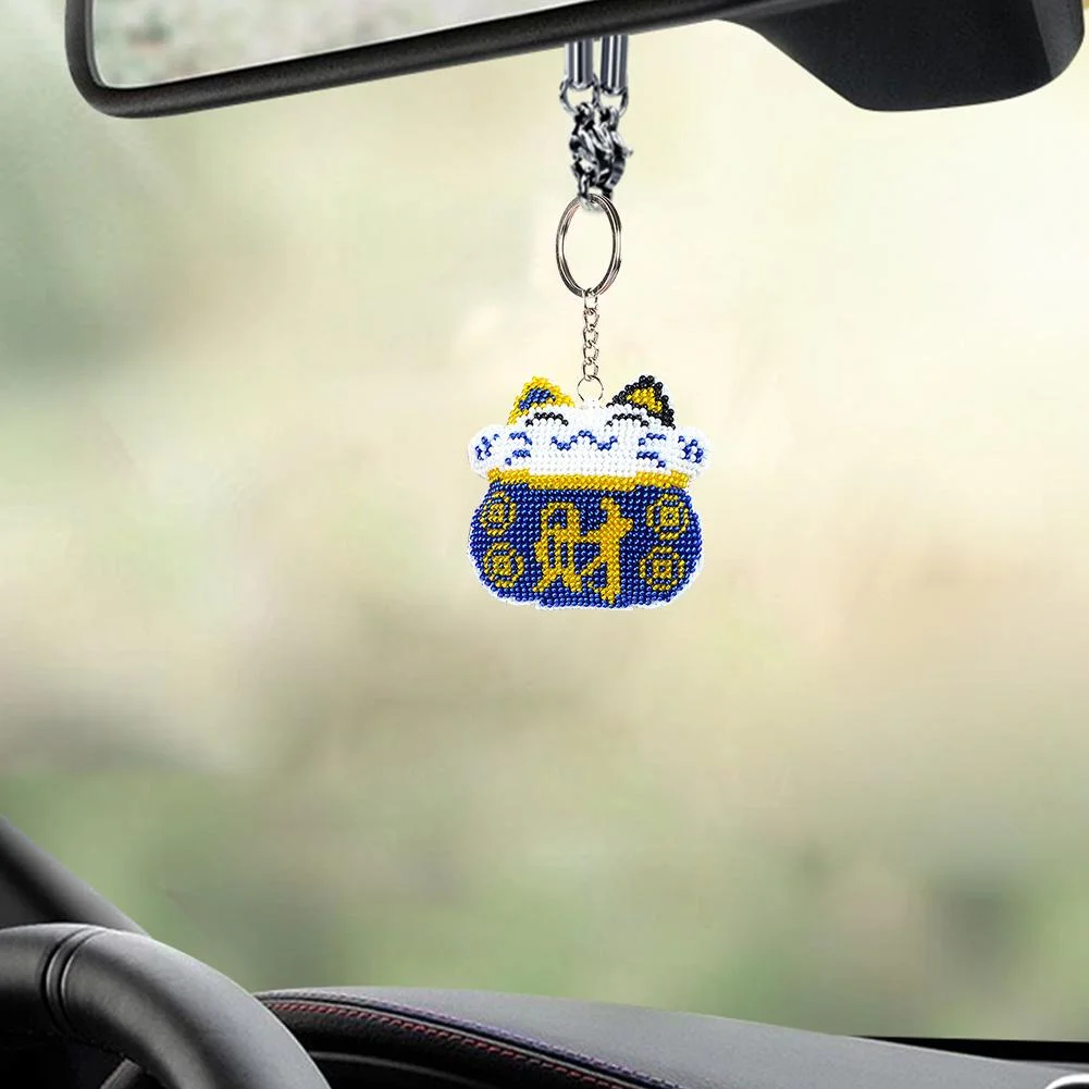 Stamped Beads Cross Stitch Keychain - Blue Fortune Cat