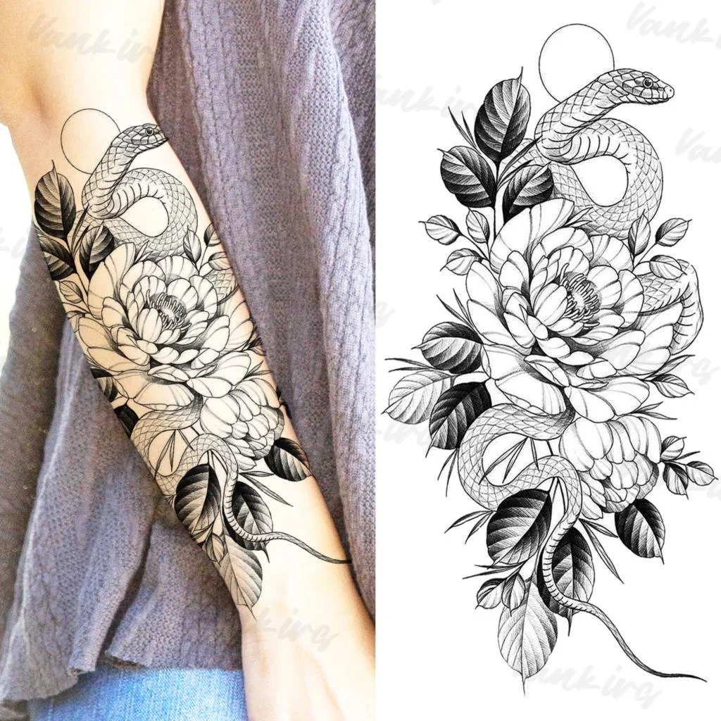 Sdrawing Peony Butterfly Temporary Butterfly Tattoos For Women Girls Realistic Snake Sun Fake Tattoo Sticker Leg Body Tatoos