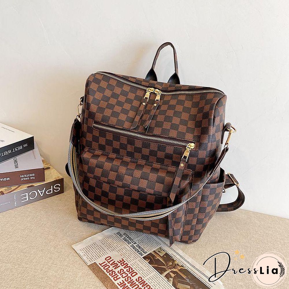 Retro Faux Leather Check Pattern Print Rucksack Vegan Backpack Tote