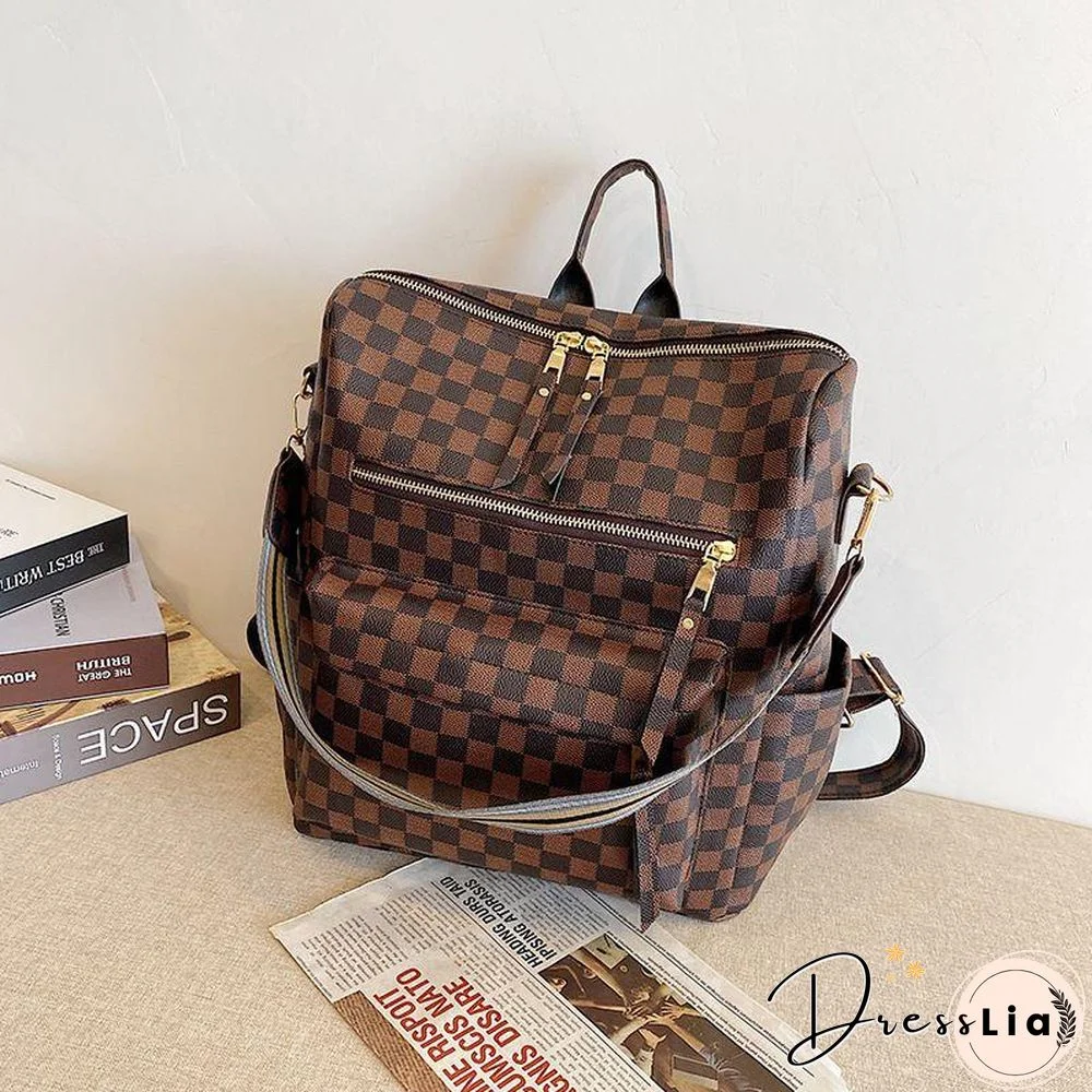 Retro Faux Leather Check Pattern Print Rucksack Vegan Backpack Tote