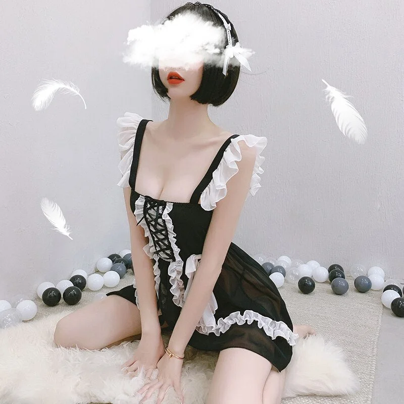 Women Lace Nightdress Bowknot Underwear Set Kawaii Maid Outfits Japanese Maid Cosplay Costumes Sexy Lingerie School Uniform