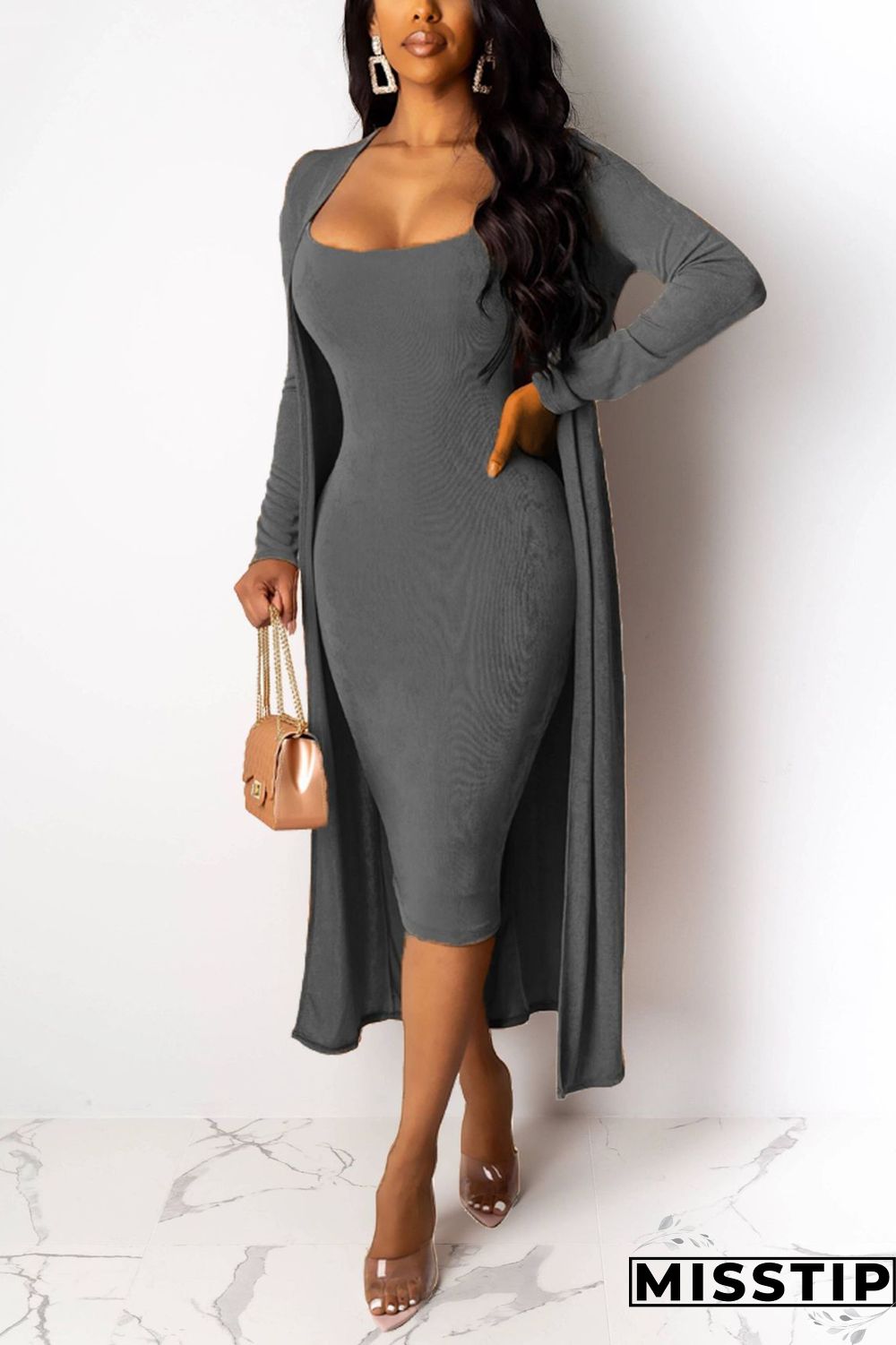 Dark green Sexy V-Neck Silver Fox Fleece Two-Piece Suit