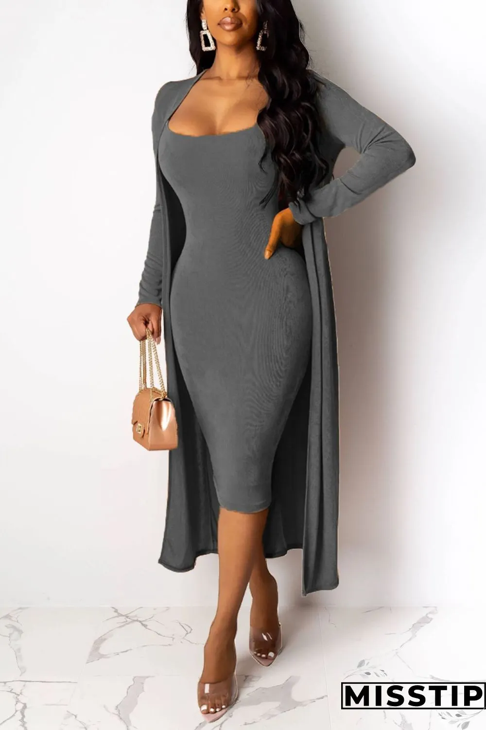 Dark green Sexy V-Neck Silver Fox Fleece Two-Piece Suit