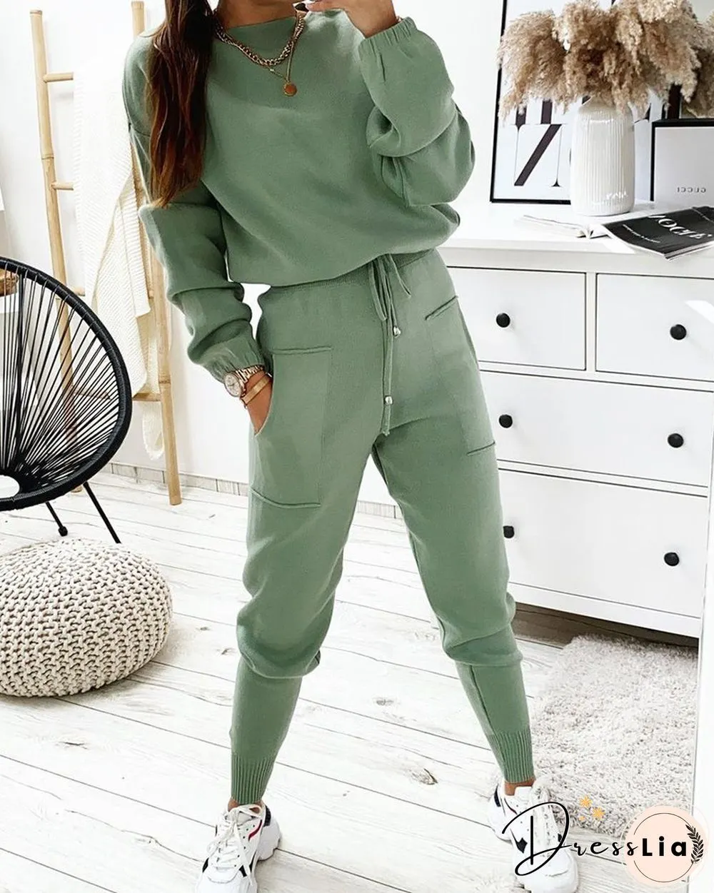 Plain Long Sleeve Top & Drawstring Pants Set