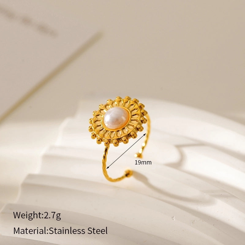 Beach Round Starfish 304 Stainless Steel Pearl 18K Gold Plated Plating Inlay Open Rings