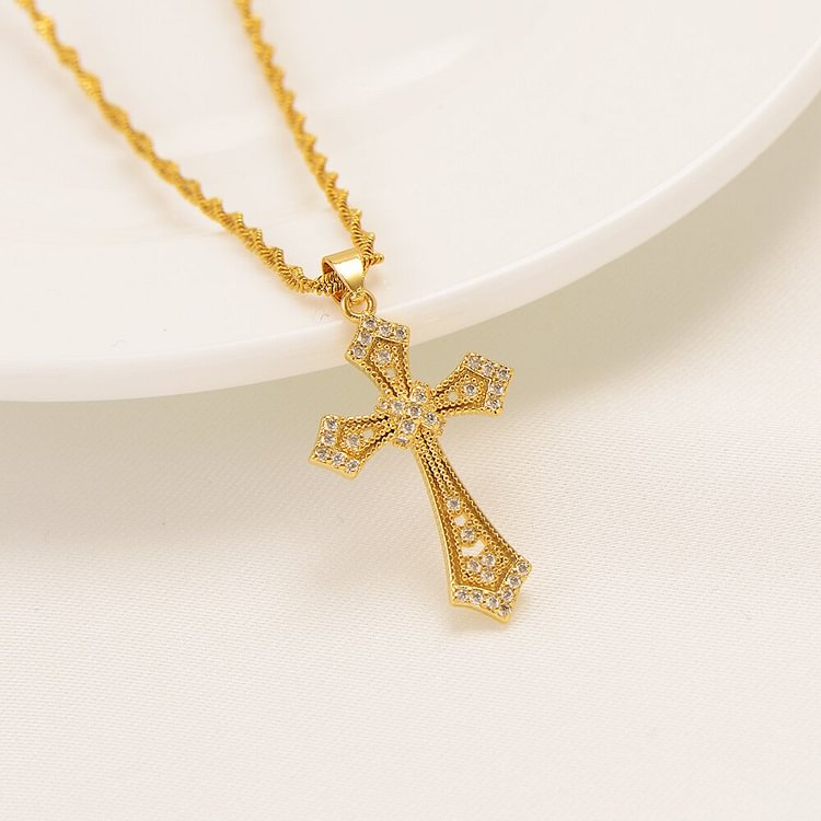 Gold color Jewelry Antique crystal cz Cross Crucifix Jesus Cross Pendant Necklaces