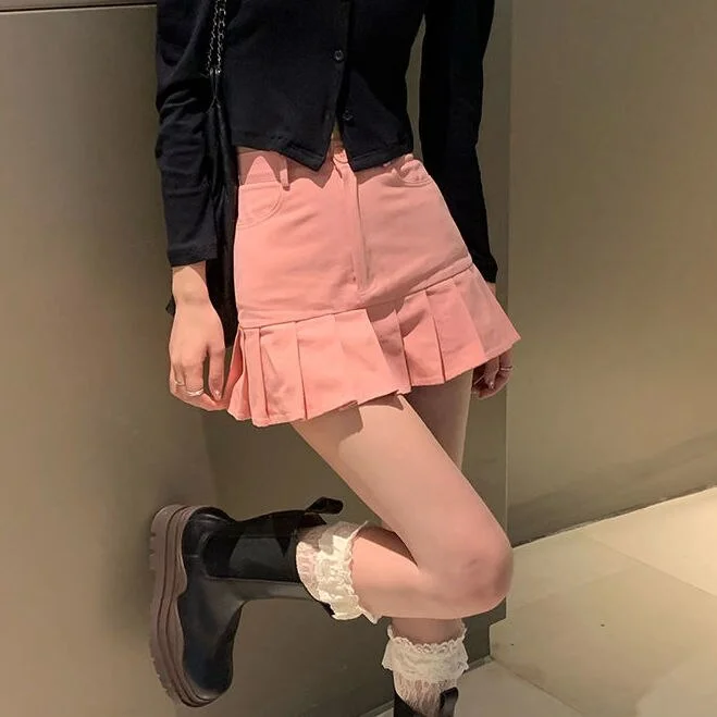 HOUZHOU Pink Denim Skirt Women Korean Fashion Streetwear Sexy Cute High Waist Slim Patchwork Pleated Mini Skirts Kawaii Summer