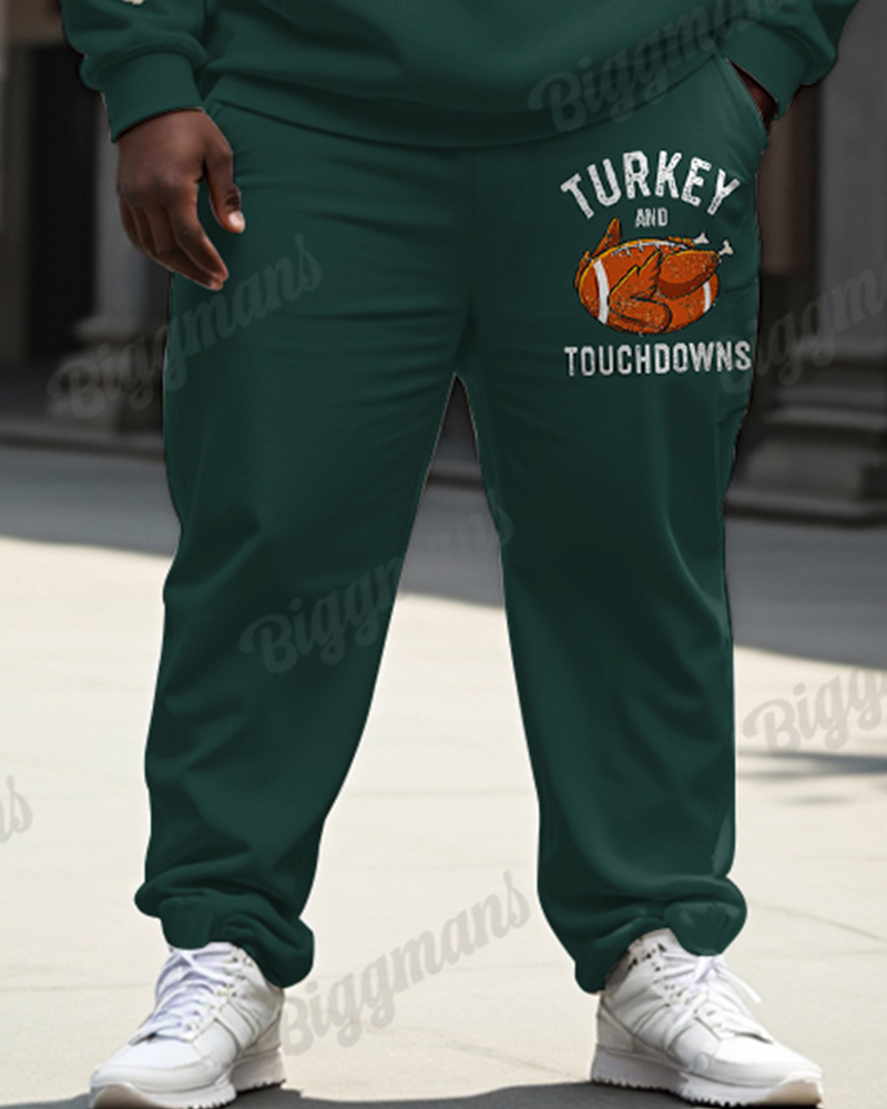 Men's Thanksgiving Day Green Turkey And Touchdowns Letter Print Plus Size Hoodie Suit