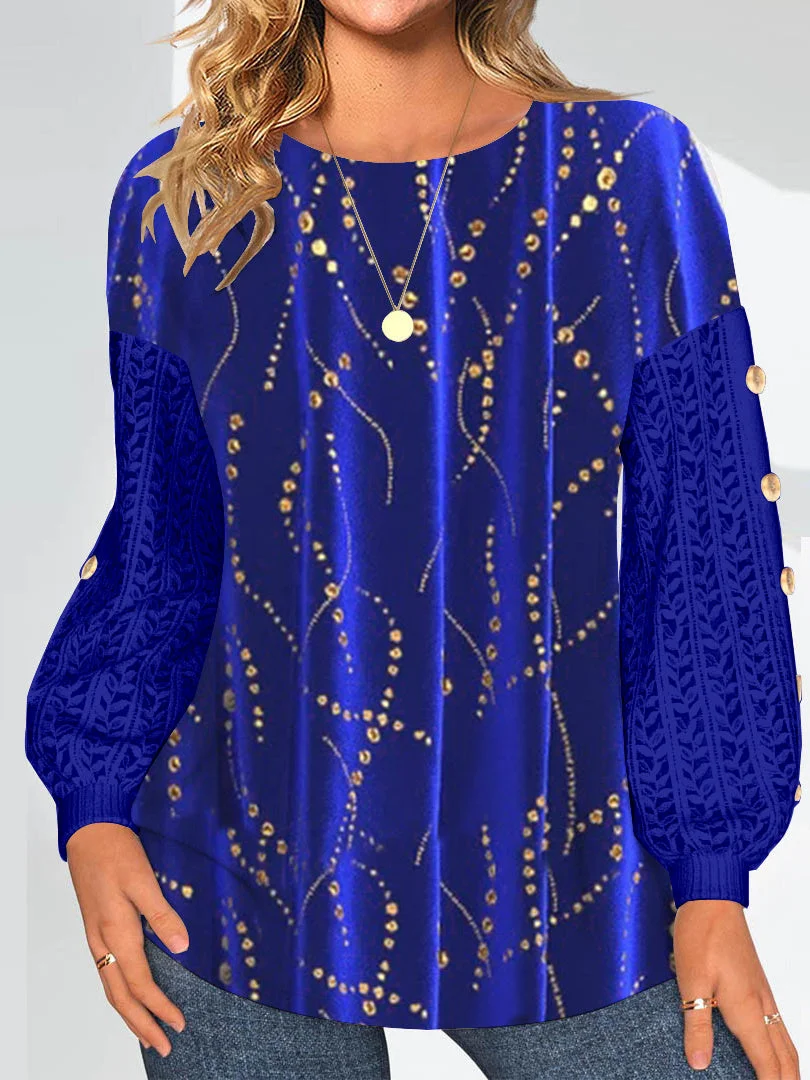 Women Long Sleeve Scoop Neck Polka Dot Printed Graphic Lace Button Tops