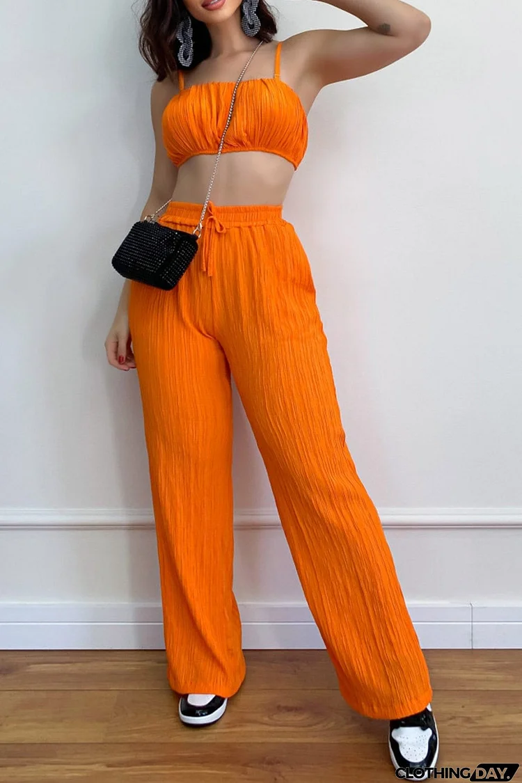 Pleated Smocked Vest Drawstring Long Pants Suits