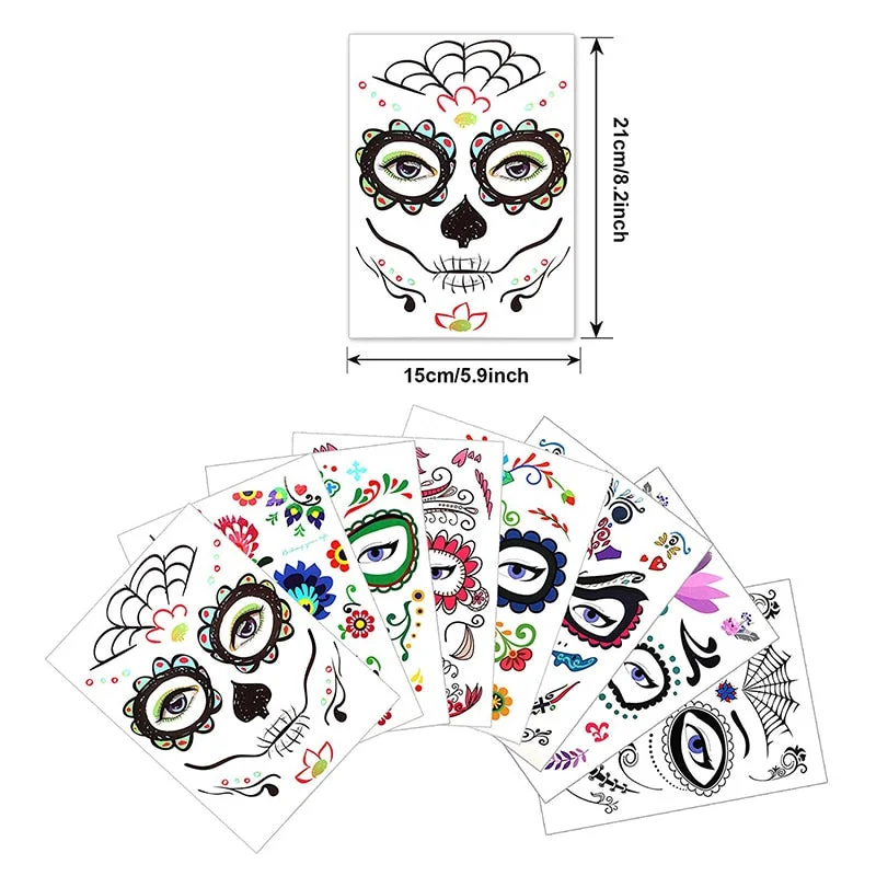 Day of the Dead, Skeleton Face Tattoo, 9 Sheets Sugar Skull, Glitter Red Roses Day of the Dead Sugar Skull Temporary Face Tattoo