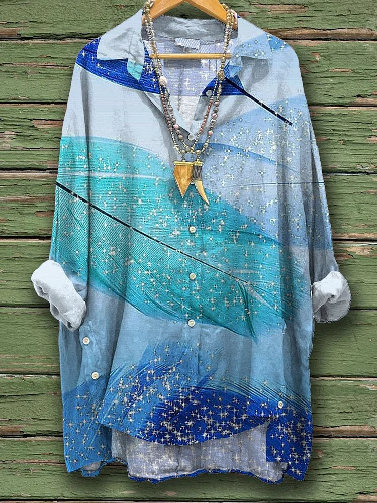 Women's Beautiful Feather Print Casual Cotton And Linen Shirt