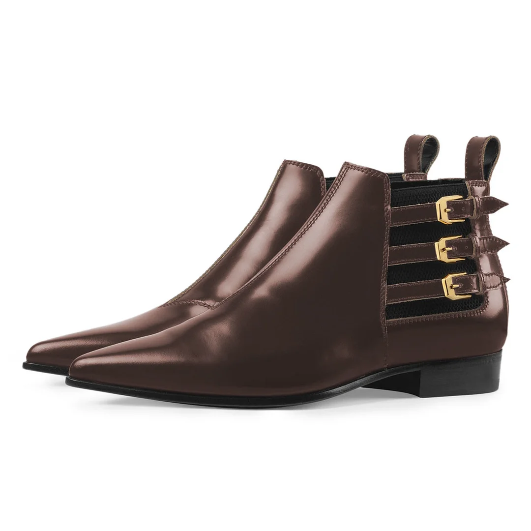 Dark Brown Pointed Toe Multiple Buckle Strappy Ladies Ankle Booties 