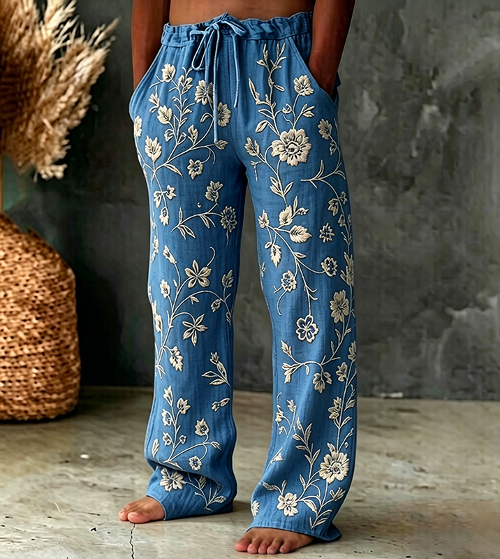 Comstylish Men's Spring Floral Embroidered Art Print Flowy Linen Blend Casual Pants
