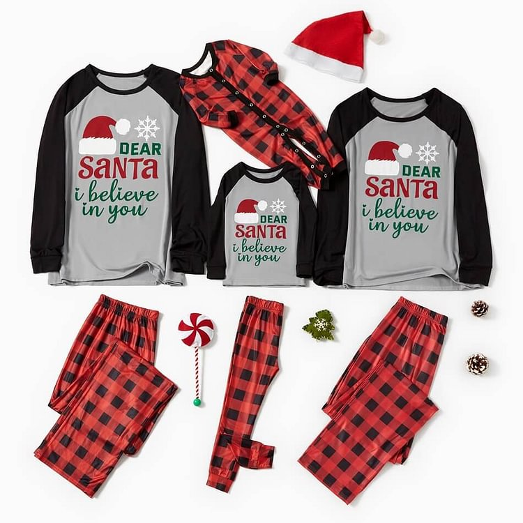 Christmas Hat Print Letter Top and Plaid Pants Family Matching Pajamas Sets