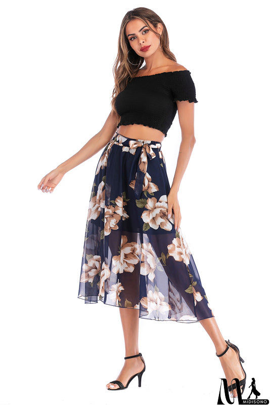 MidiSono - Elastic Waist Blue Floral Print Chiffon Skirt