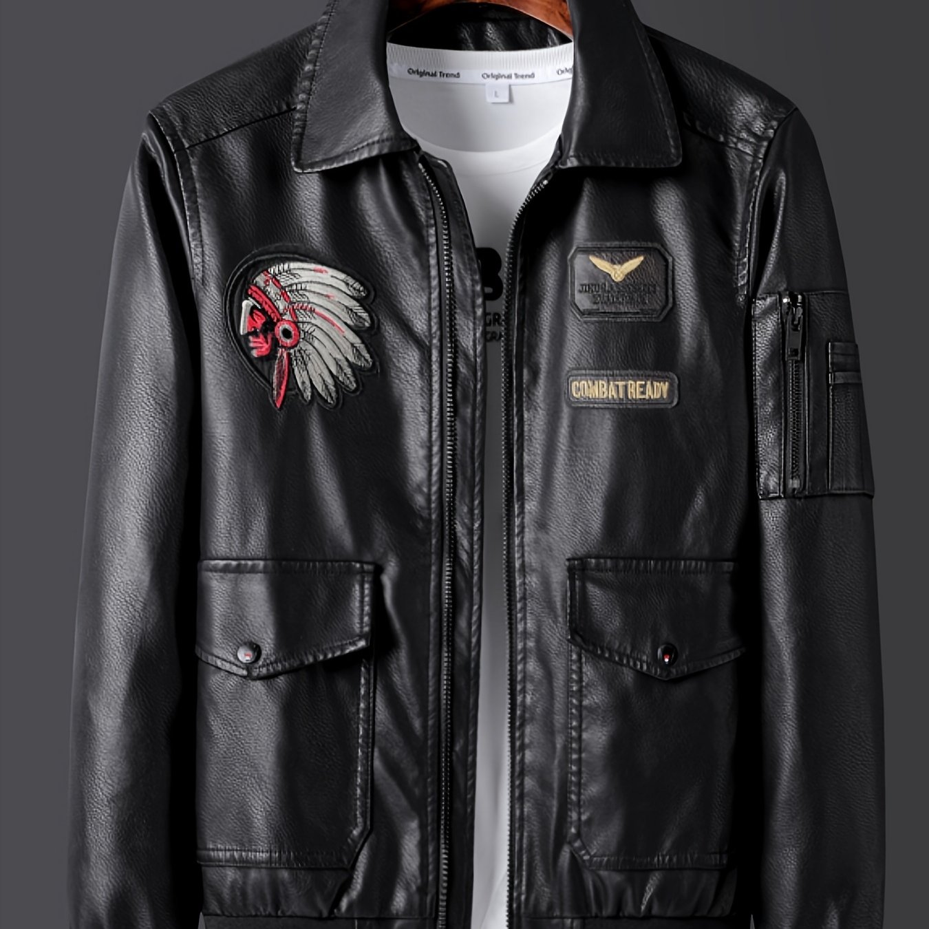 Men's Zipper Print Pu Leather Jacket For Big And Tall Guys, Plus Size