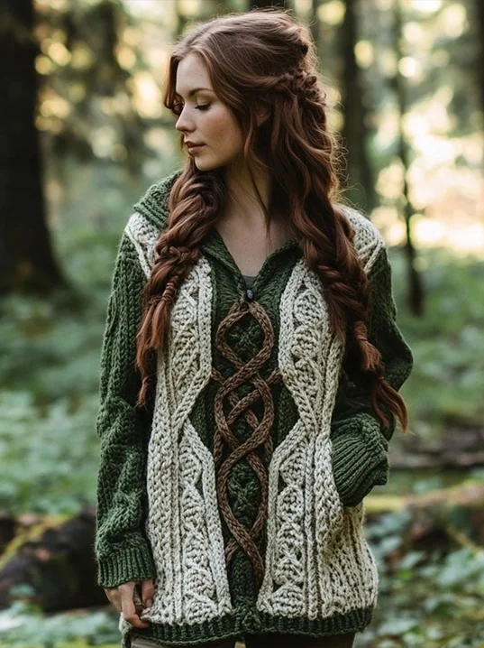 Women's Celtic Knot Contrast Color Knit Hooded Sweater