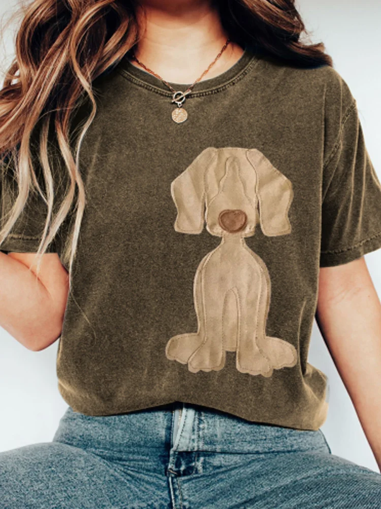 Utbros Women's Retro Funny Denim Patch Animal Dog Print Casual Shirt