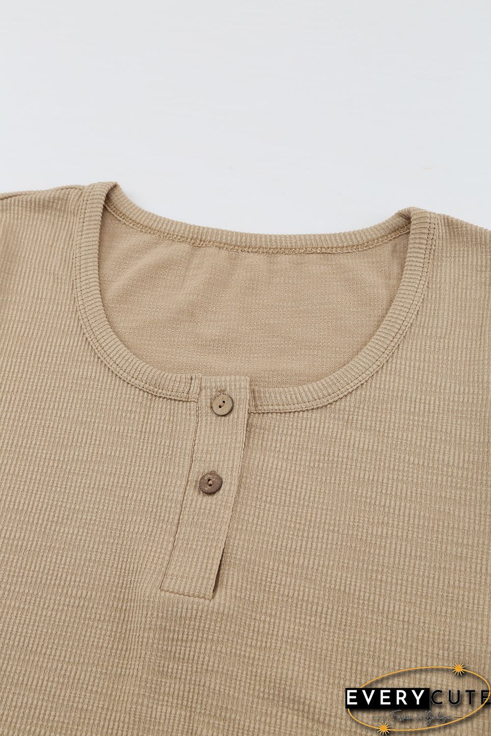 Khaki Crewneck Buttons Ribbed Knit Long Sleeve Top