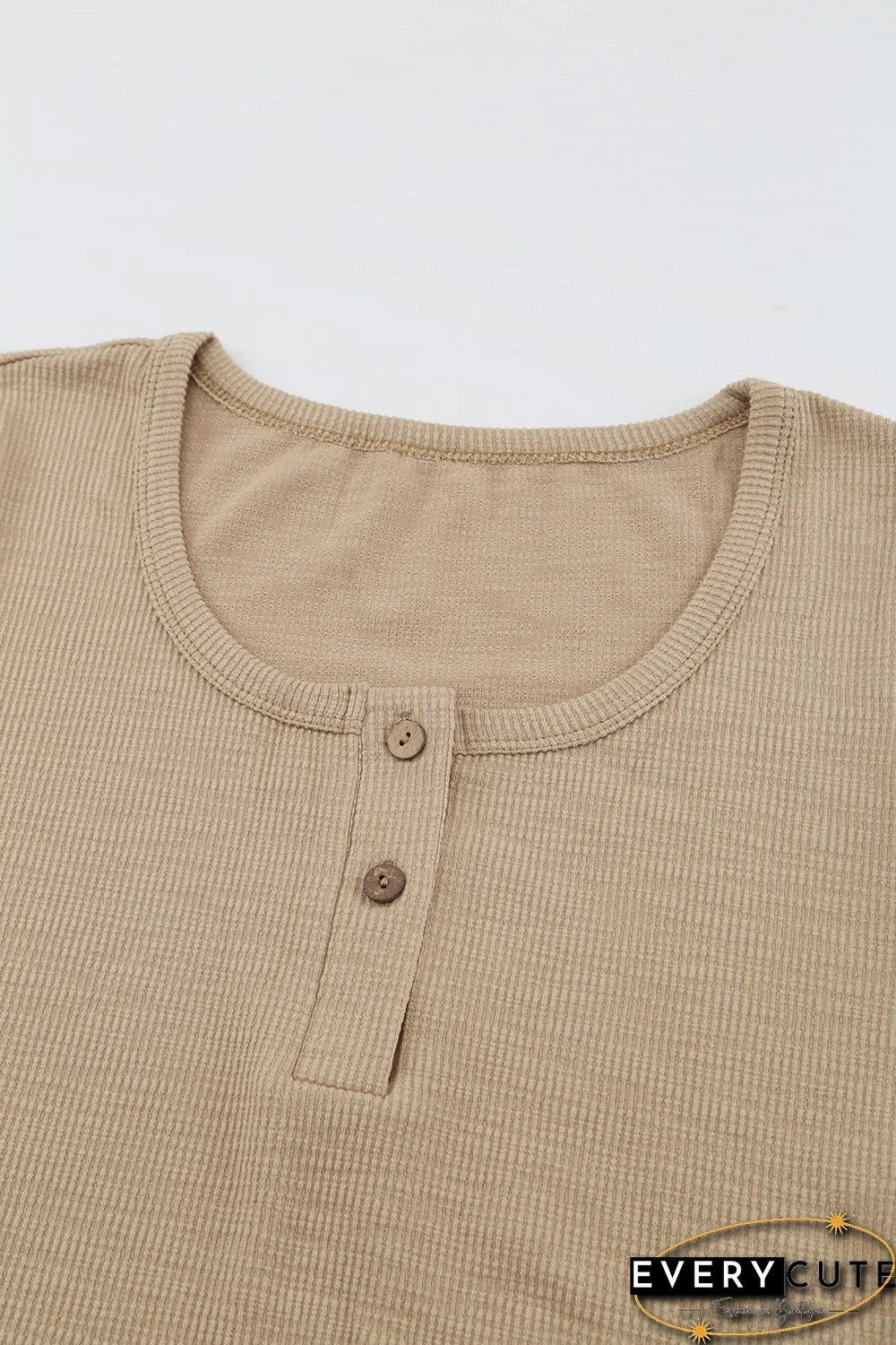 Khaki Crewneck Buttons Ribbed Knit Long Sleeve Top