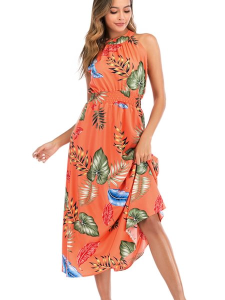 Boho Floral Elastic Waist Halter Dress - BlackFridayBuys