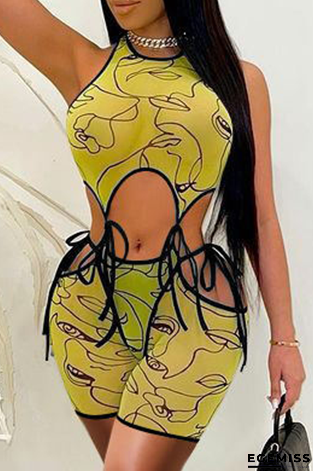 Yellow Sexy Print Hollowed Out U Neck Sleeveless Two Pieces | EGEMISS