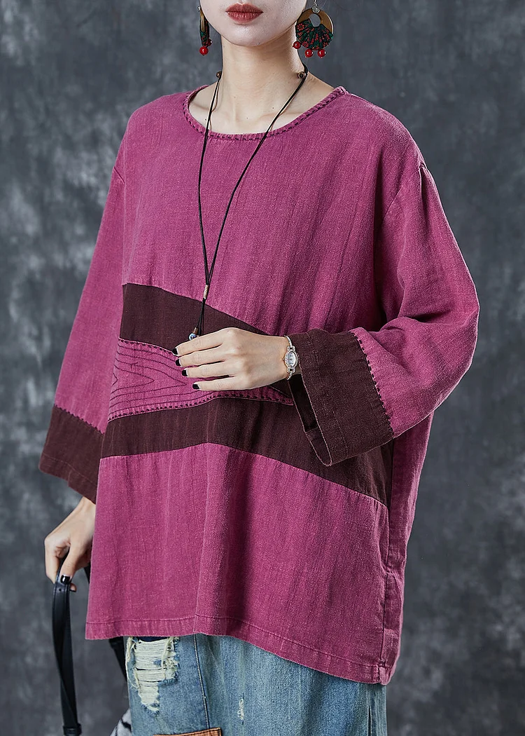 Elegant Rose Oversized Patchwork Linen Blouses Spring