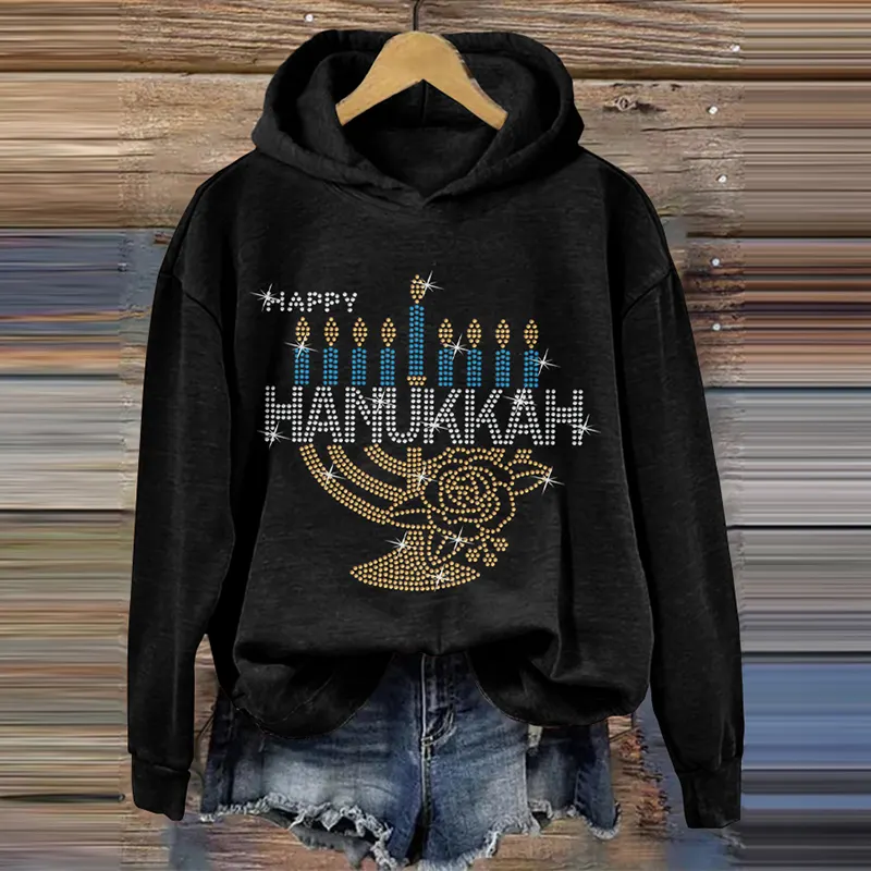 Women's Shiny Hanukkah Print Casual Hoodie