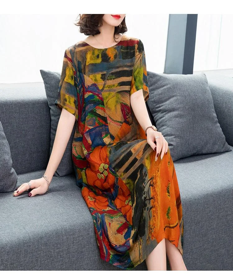 Color imitation silk mid-length dress