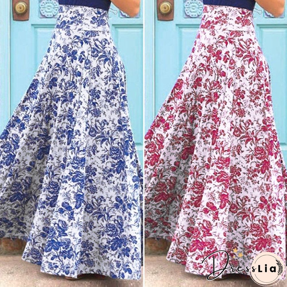 Womens A Line Skirts Summer Floral Printed Casual Loose High Waist Dress