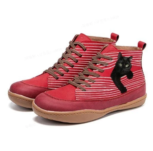 New Products In Autumn and Winter of 2022 Women&amp;#39;s Fashion Striped Cat Flat Shoes with High Top and Lace Up Stitching