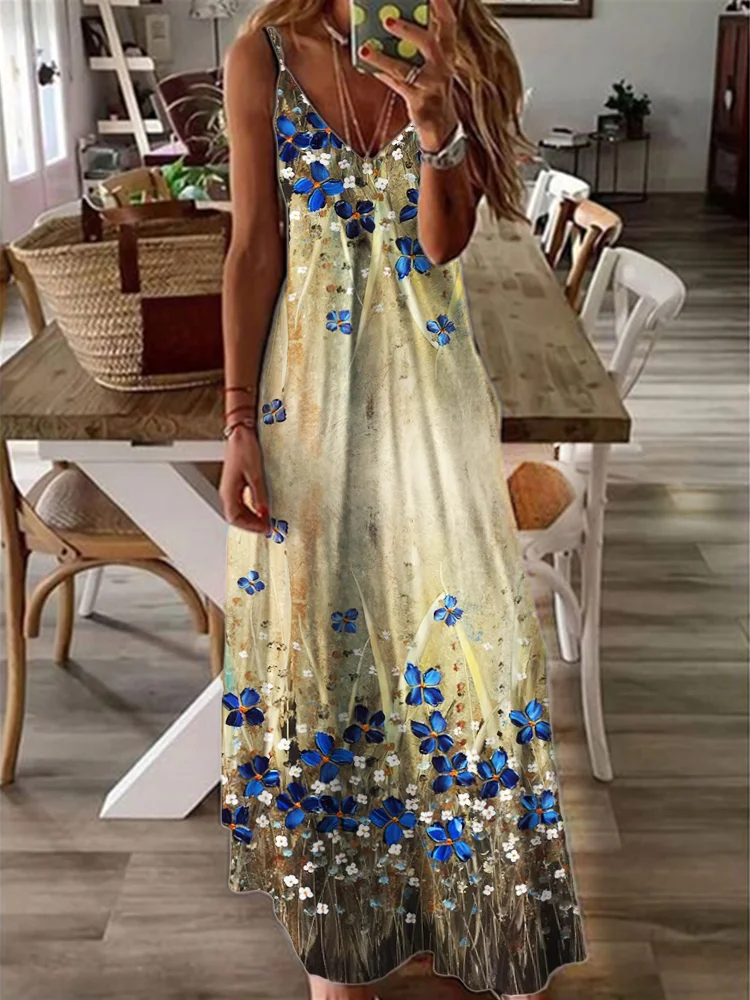 Flowers Oil Painting V Neck Cami Maxi Dress