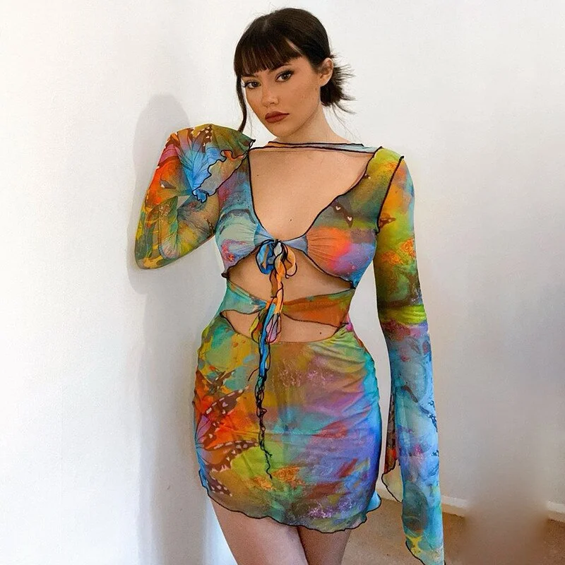 Butterfly Tie Dyeing Print  Women's Dress Clubwear 2023 Long Flare Sleeve Hollow Out Lace-up V-neck Pencil Dressess
