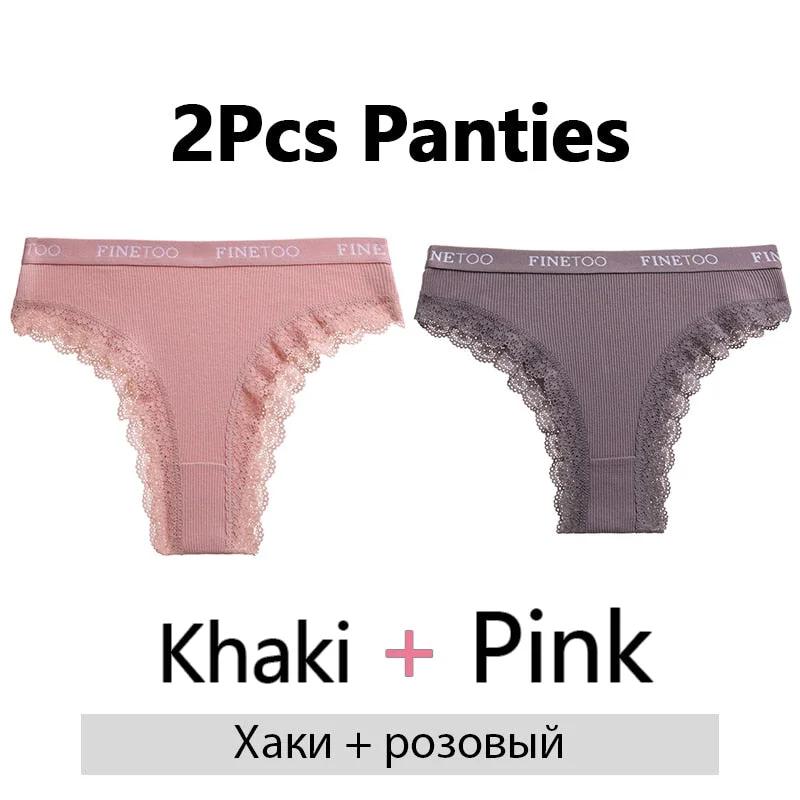 FINETOO 2Pcs/Set Cotton Panties for Women Sexy Ladies Lace G-string Solid Color Thongs Girls Plus Size M-2XL Underwear Lingerie